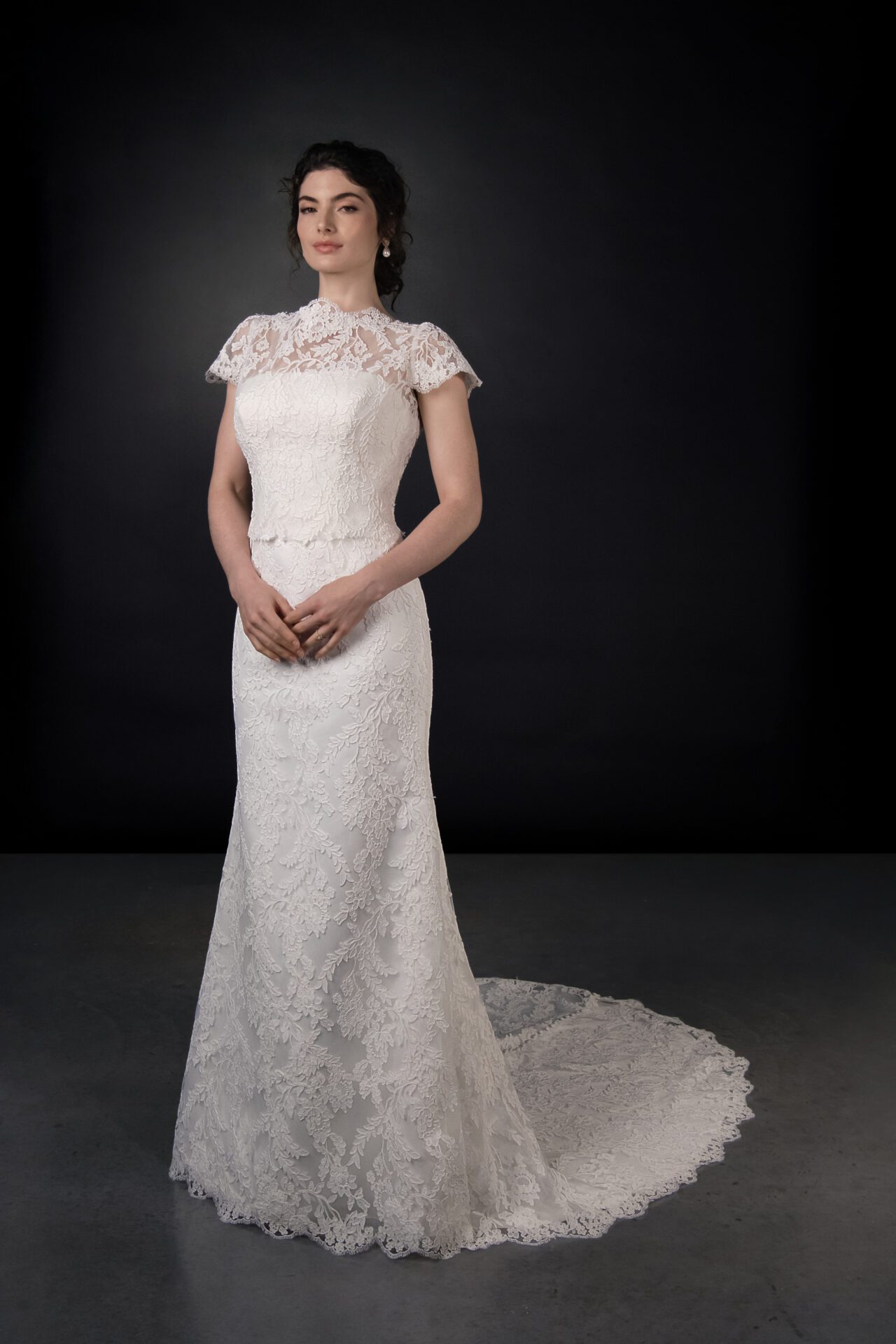 Martina Liana lace and satin column wedding gown with detachable topper and train